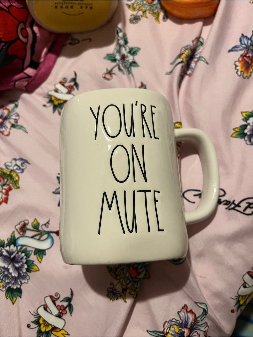 Rae Dunn White Mug with Black Lettering "YOU'RE ON MUTE"